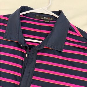 RLX Ralph Lauren Blue/Pink Striped Polo Golf Performance Shirt size Large